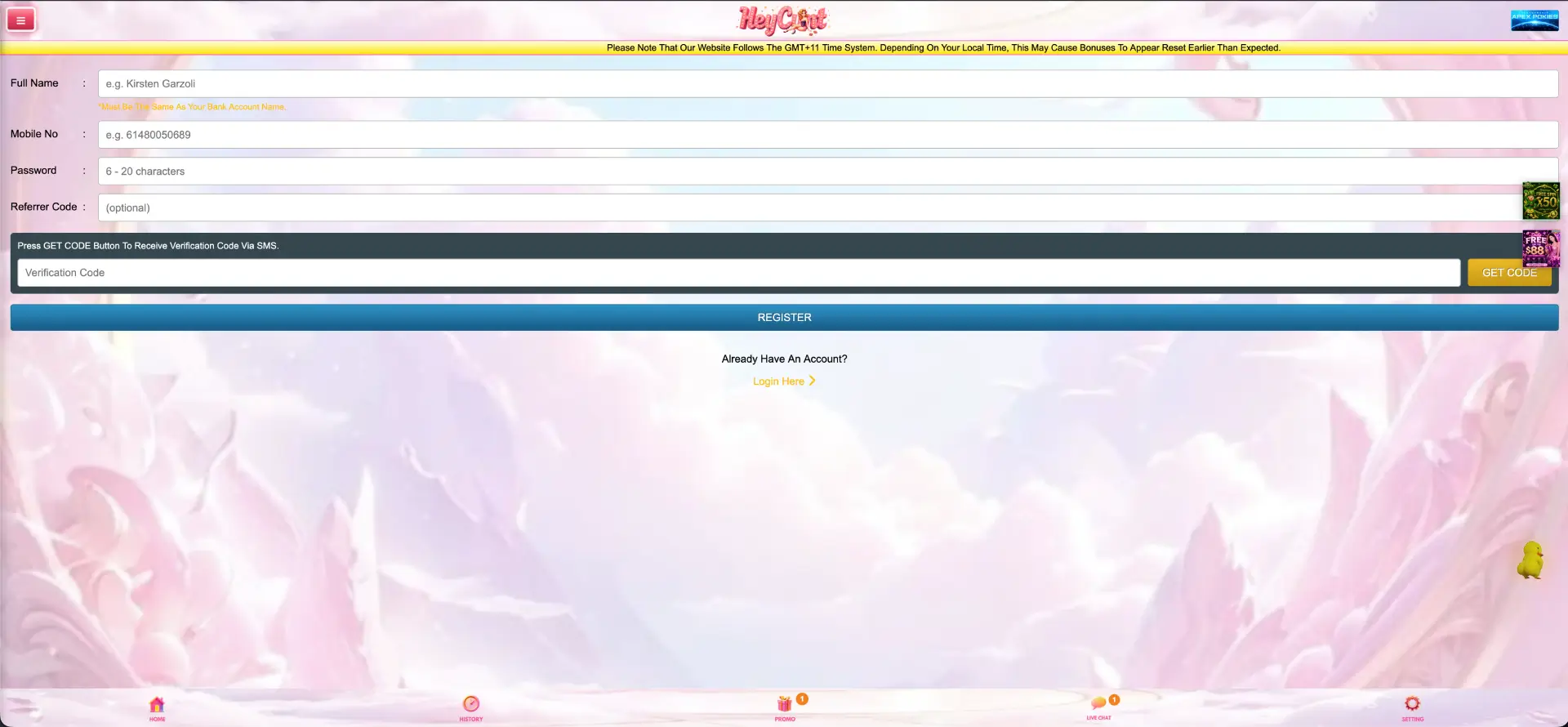 Registration at HeyCunt casino HeyCunt registration screen with SMS verification